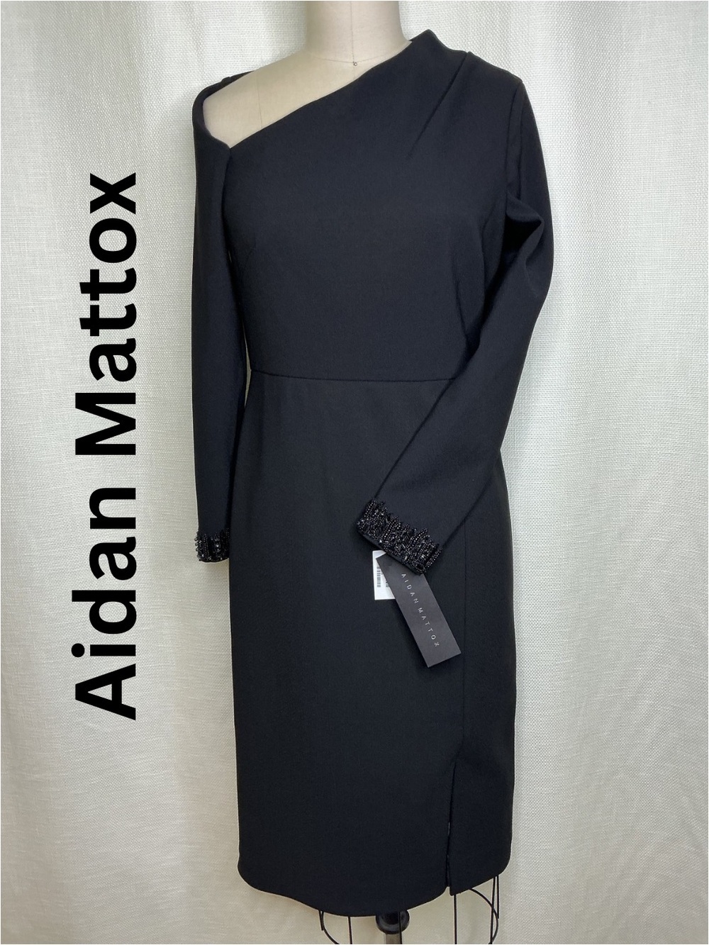 Aidan Mattox One Shoulder Black Dress Beaded Sleeve Elegant NWT 4